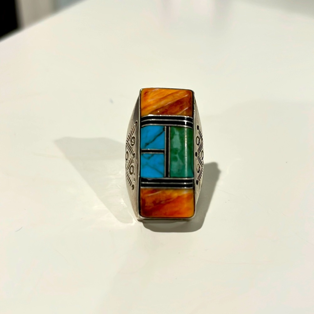 Vintage Navajo Turquoise/onyx/Spiny Oyster shell inlay ring!